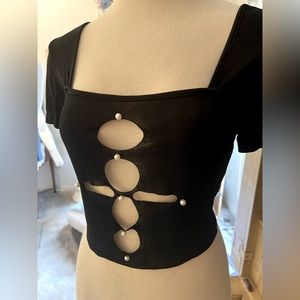 Women’s black square neck crop with cutout design and pearl embellishments,New!